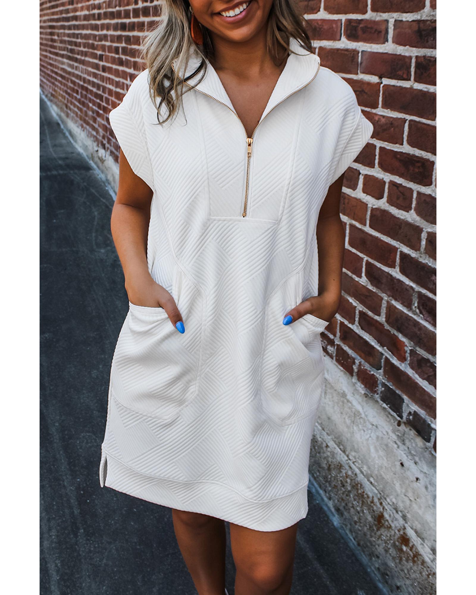 White Textured Half Zip Collared Cap Sleeve Mini Dress - M
