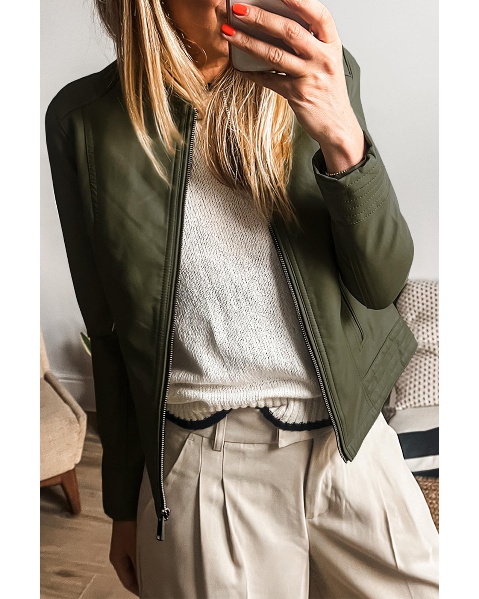 Sage Green Solid Faux Leather Zipper Slim Fit Bomber Jacket - XL