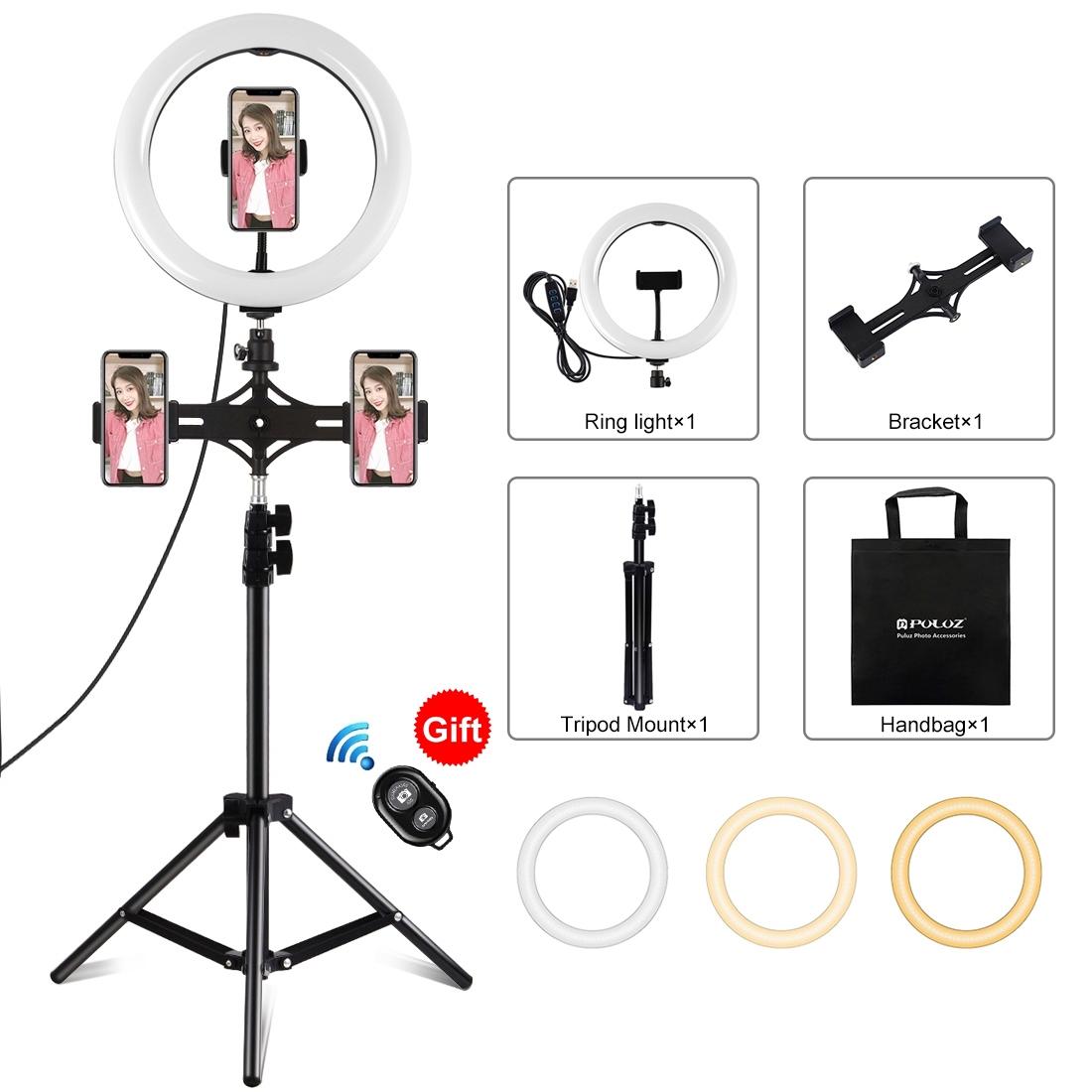 10.2 Led Ring Light with Tripod & Dual Phone Brackets - Usb Dimmable Dual Colour Temperature Selfie Remote - Black 1