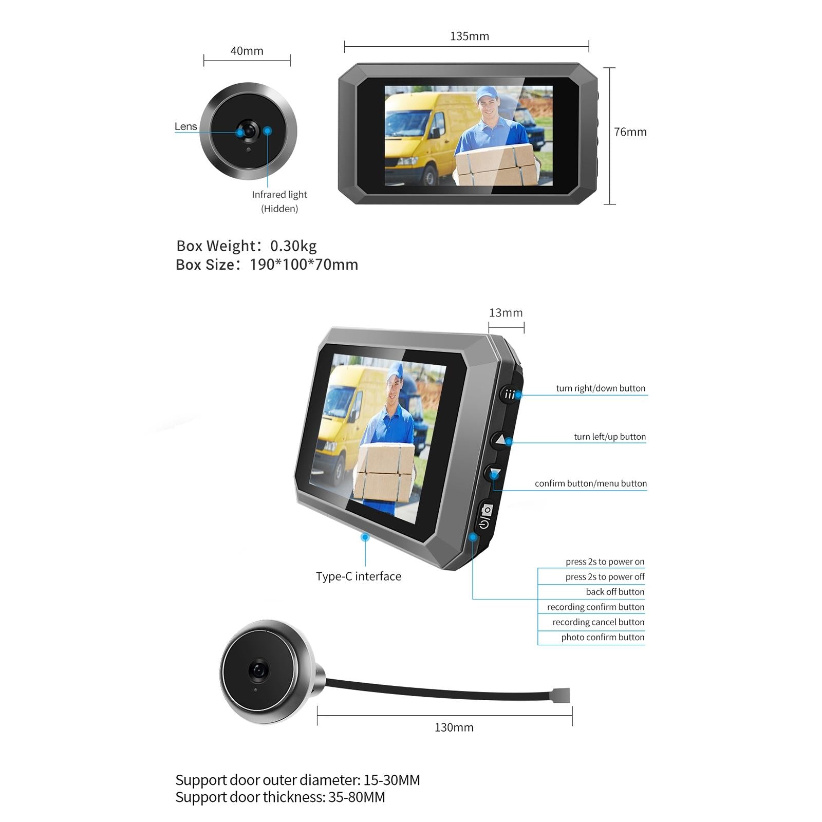 1080P Smart Digital Door Viewer With Night Vision - 3.97 Inch Wide Angle - Grey 7