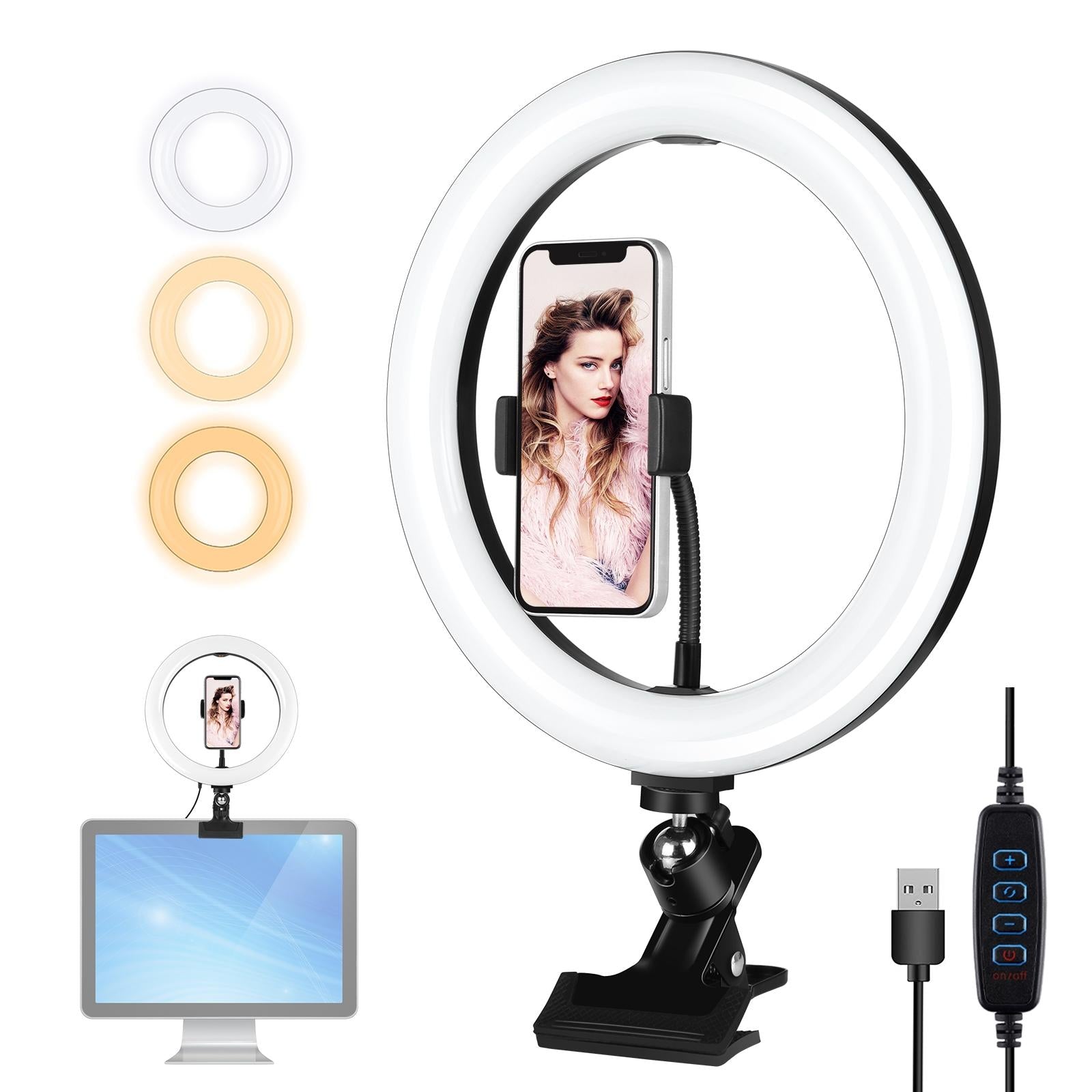 10.2 Ring Light with Monitor Clip & Usb 3 Modes Dual Colour Temperature Dimmable Curved Diffuse Vlogging Selfie Beauty Photography Video Lights Phone Clamp - Black 2