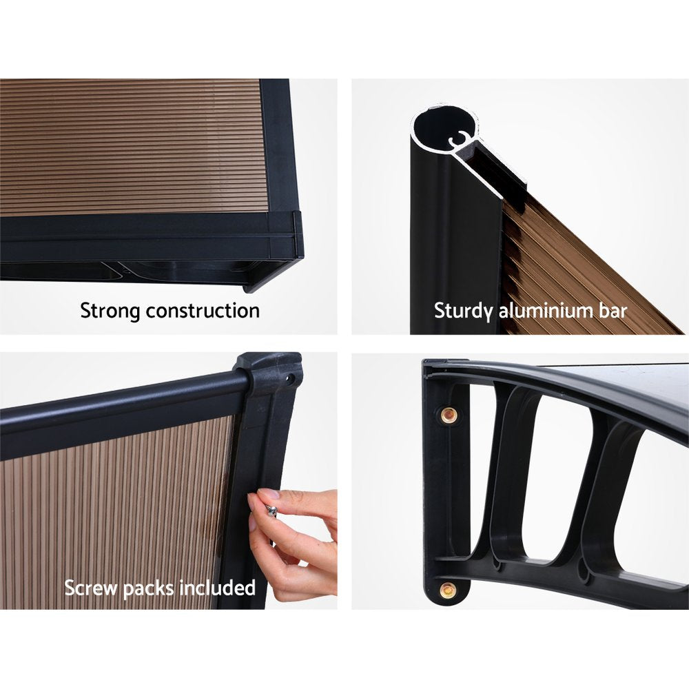 Instahut Window Door Awning Canopy 1.5mx4m Brown Sheet Black Plastic Frame 6