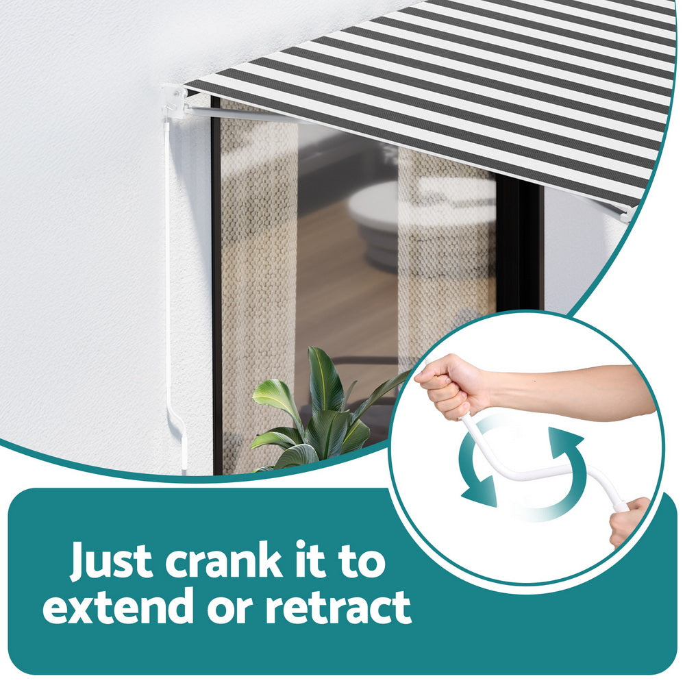 Instahut Retractable Folding Arm Awning Manual Sunshade 2.5Mx2M Grey White 5
