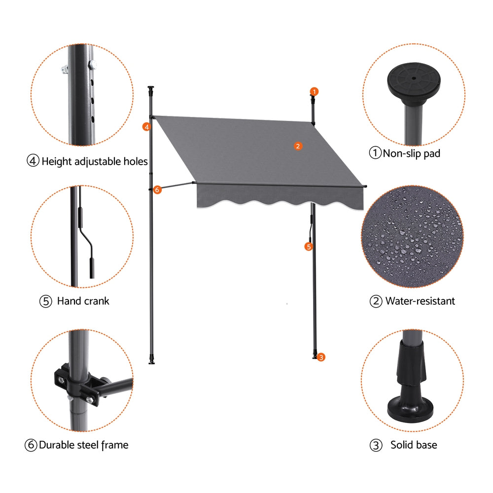 Instahut Window Fixed Pivot Arm Awning Outdoor Door Canopy 2X1.8M Grey 4