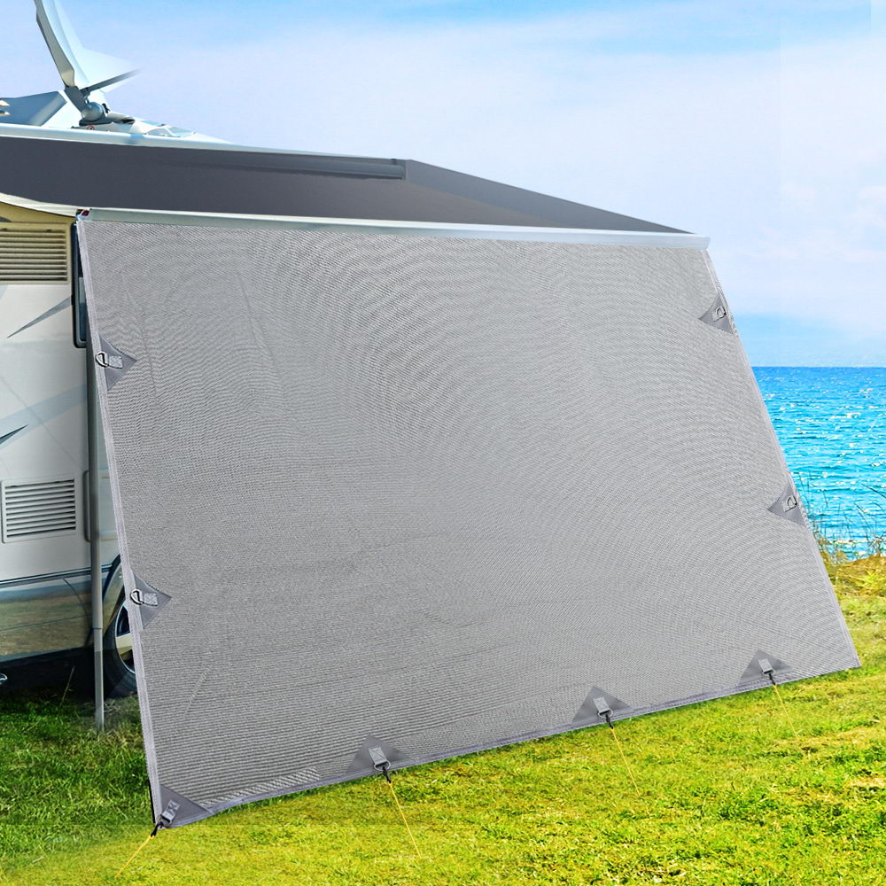Caravan Privacy Screen Roll Out Awning 4.9x1.95M End Wall Side Sun Shade Grey 7