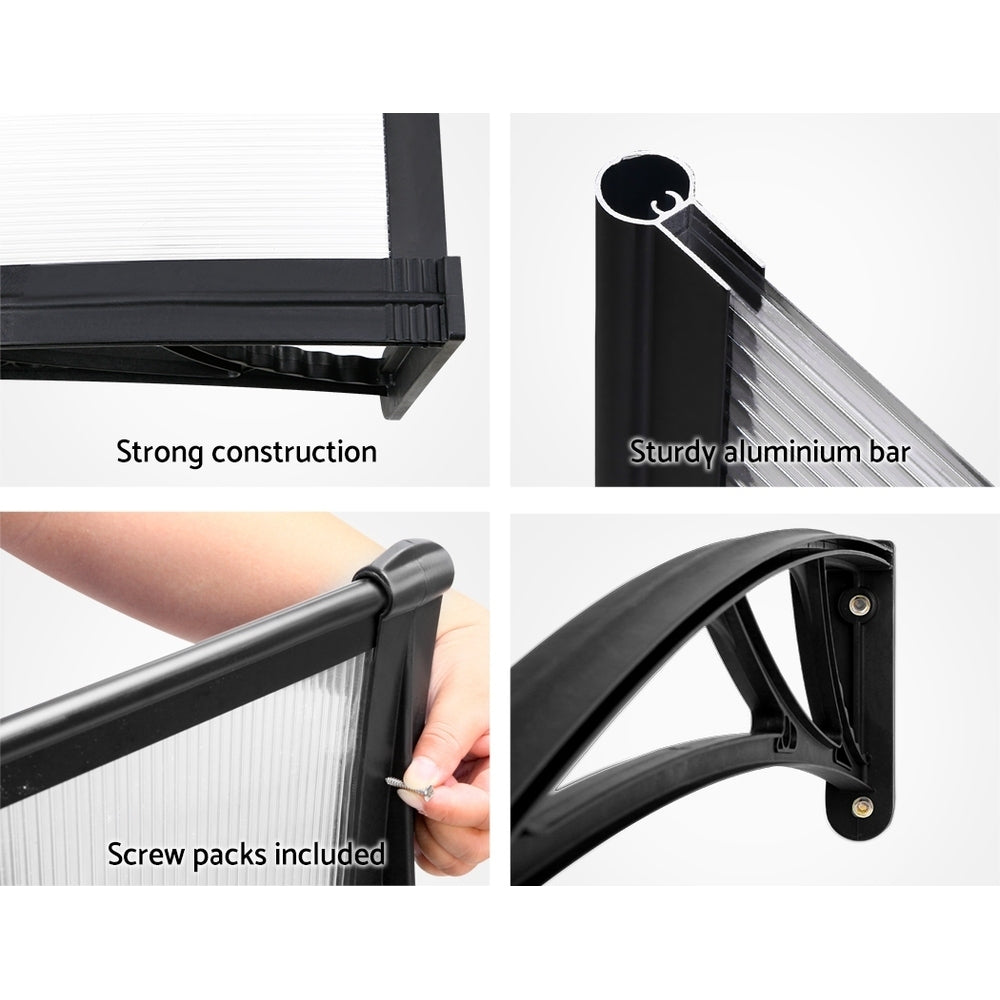 Instahut Window Awning Door Canopy 1m x 4m Transparent Sheet Black Plastic Frame 6