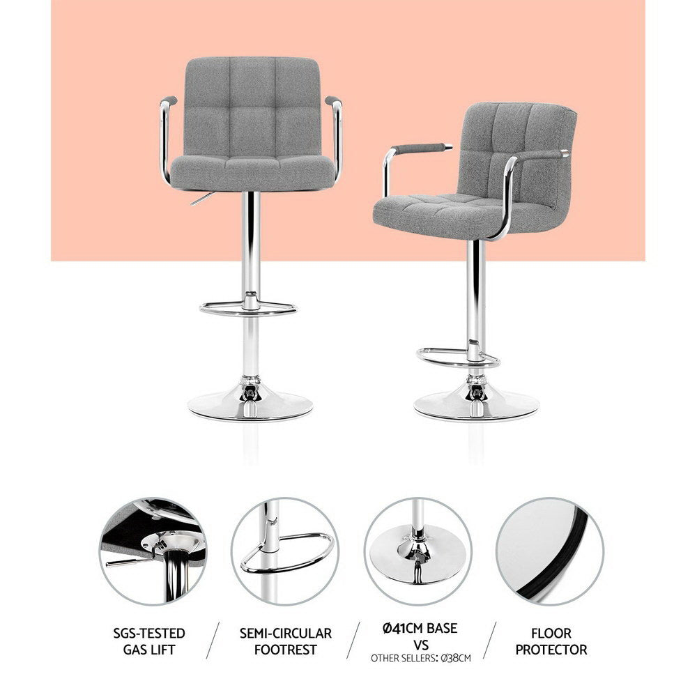 Artiss 2x Bar Stools Fabric Gas Lift w/Armrest Grey 4