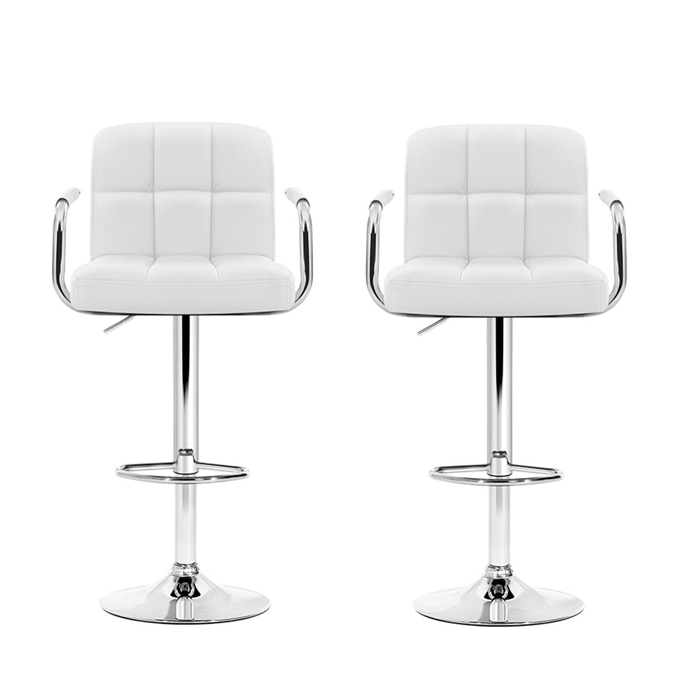 Artiss 2x Bar Stools Leather Gas Lift w/Armrest White 3