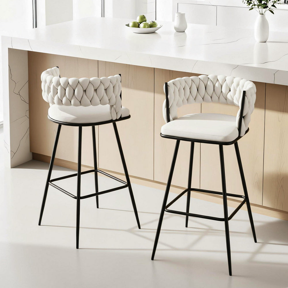 Artiss 2x Bar Stools Kitchen Dining Chair Counter Stool Woven Velvet Metal Ivory 7