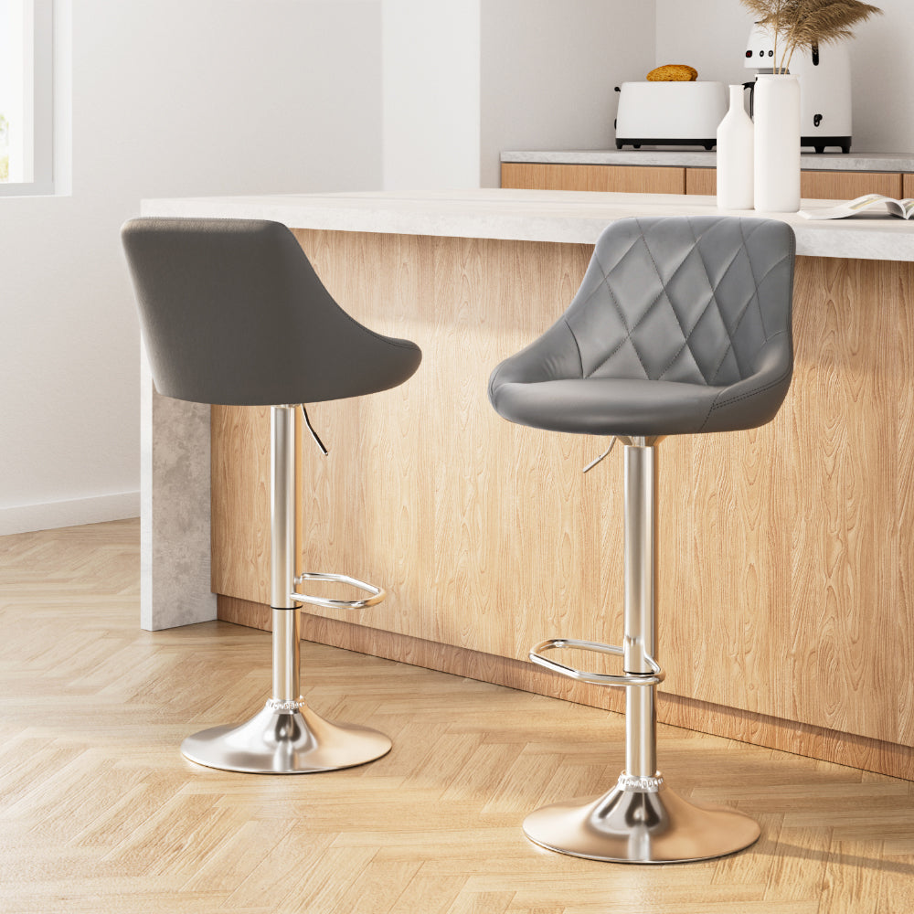 Artiss 2x Bar Stools Leather Padded Gas Lift Grey 8