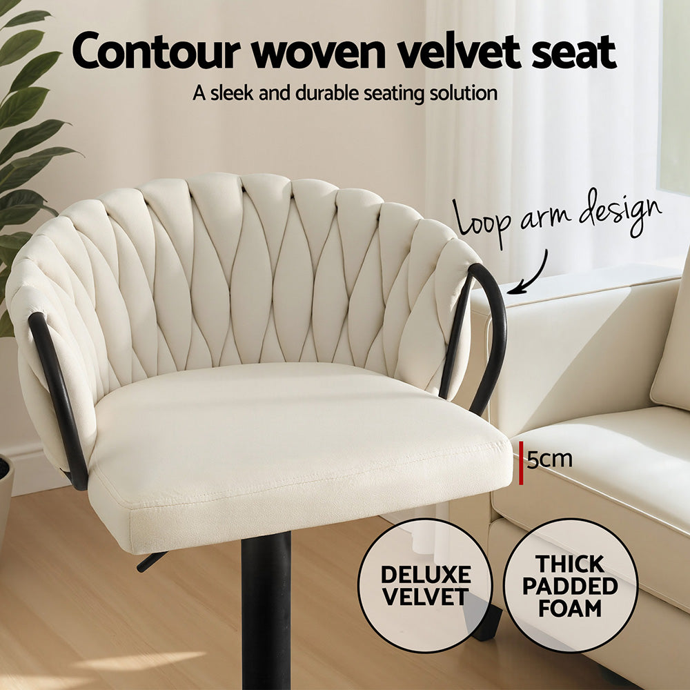 Artiss Bar Stool x2 Kitchen Dining Chair Counter Gaslift Woven Velvet Ivory 5