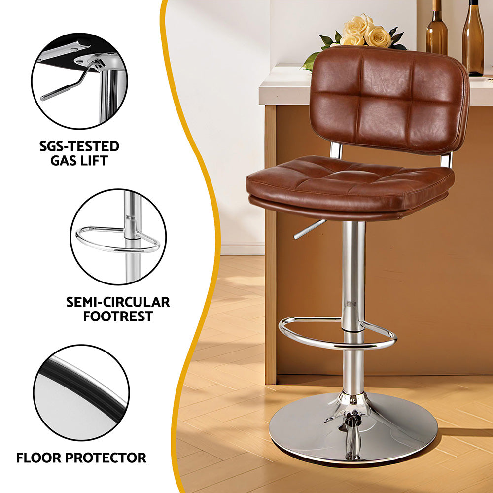 Artiss 2x Bar Stools Kitchen Swivel Gas Lift Counter Chair Tuft PU Leather Brown 6
