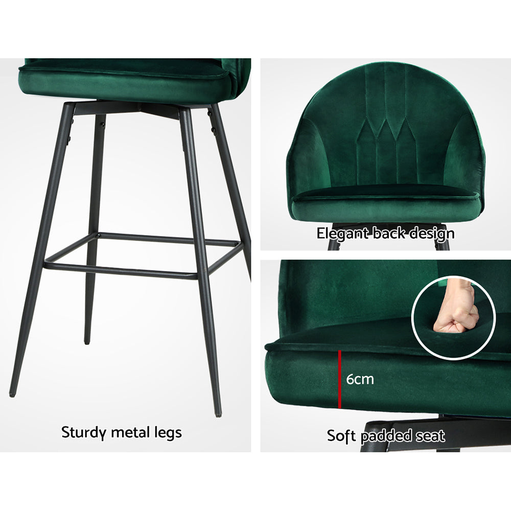 Artiss 2x Bar Stools Velvet Swivel Metal Legs Green 5