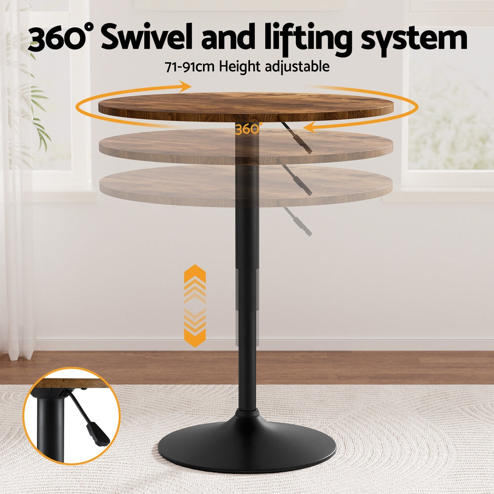 Artiss Height Adjustable Bar Table 360 Swivel Round Gaslift Design 60cm Rustic Brown Black 4