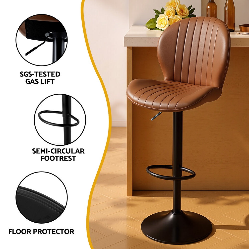 Artiss 2x Bar Stools Kitchen Swivel Gas Lift Counter Chair Shell Leather Brown 6