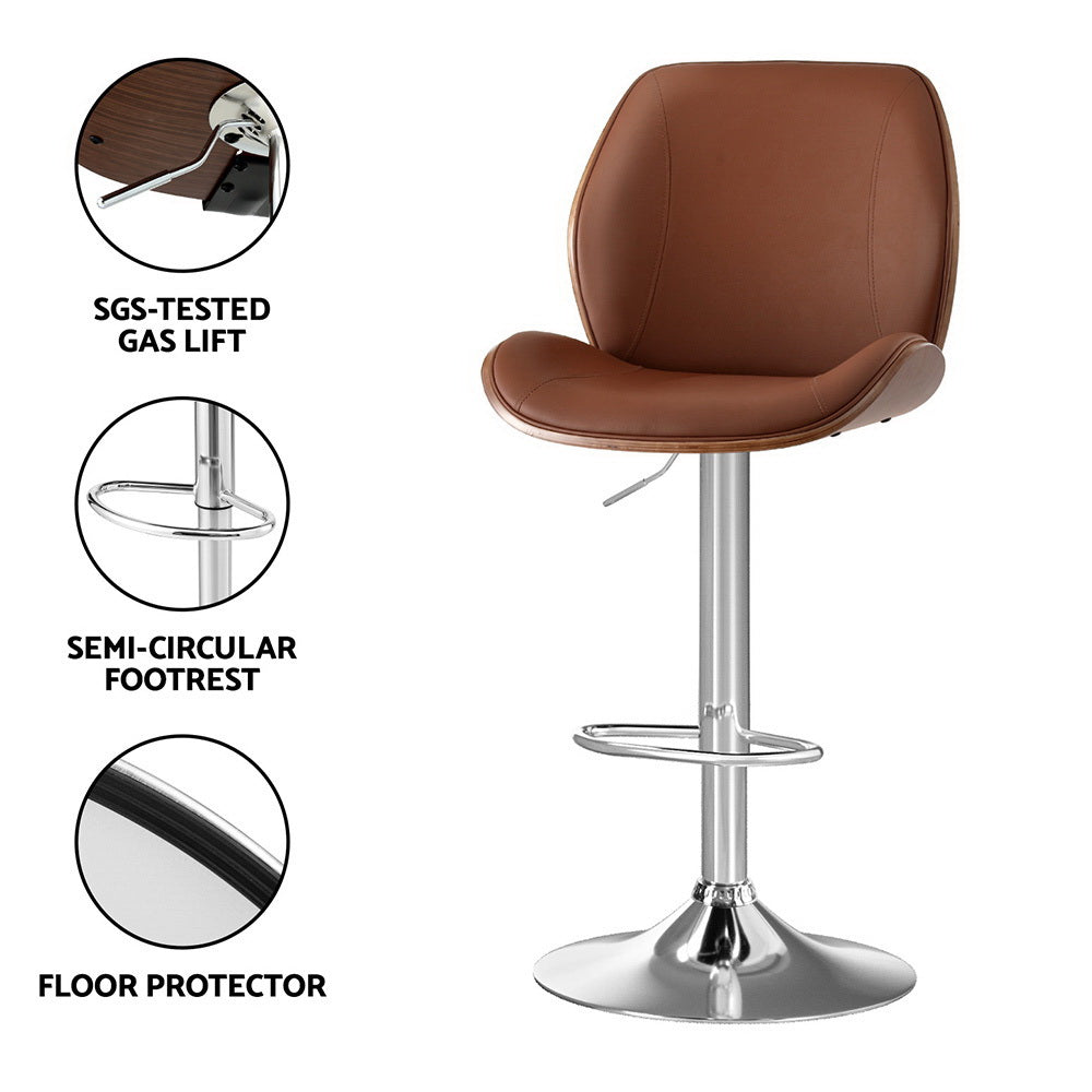 Artiss 2X Bar Stools Bentwood Adjustable Kitchen Counter Chair Leather Brown 6