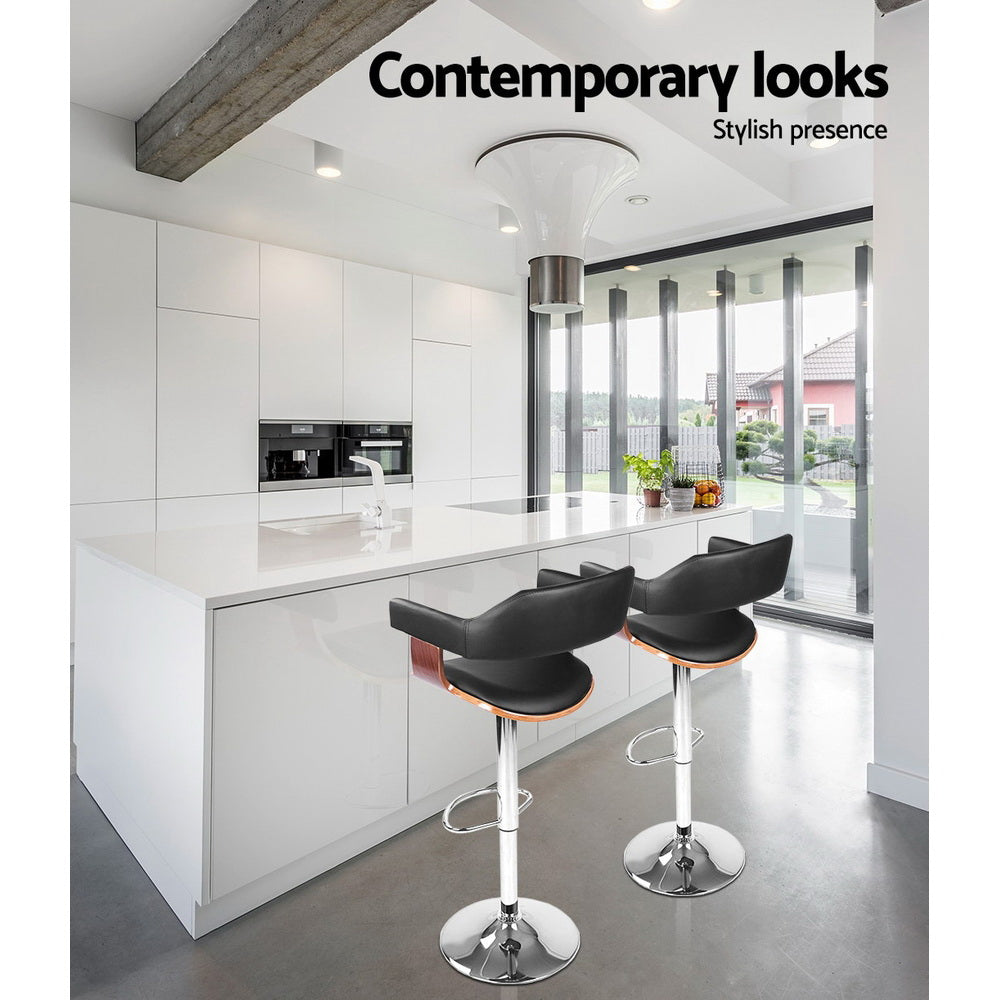 Artiss 2x Bar Stools Gas Lift Leather w/Armrest Black 4