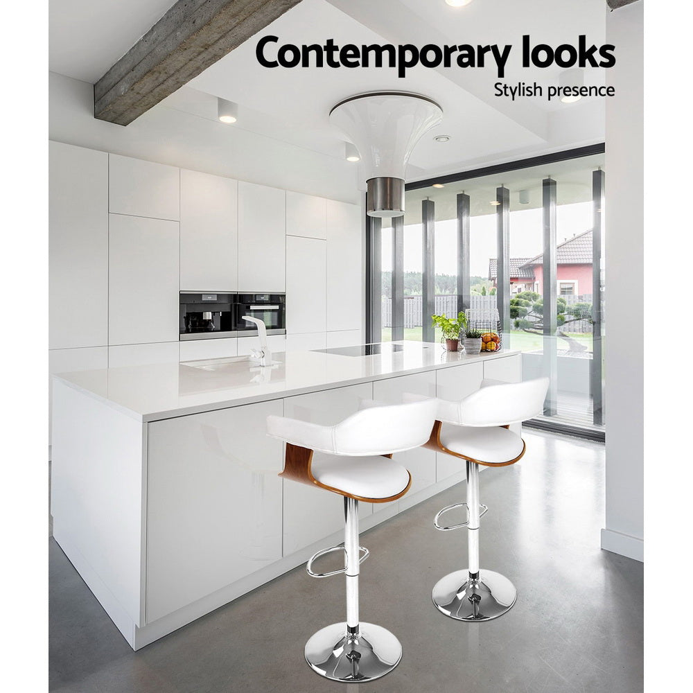 Artiss 2x Bar Stools Gas Lift Leather w/Armrest White 4