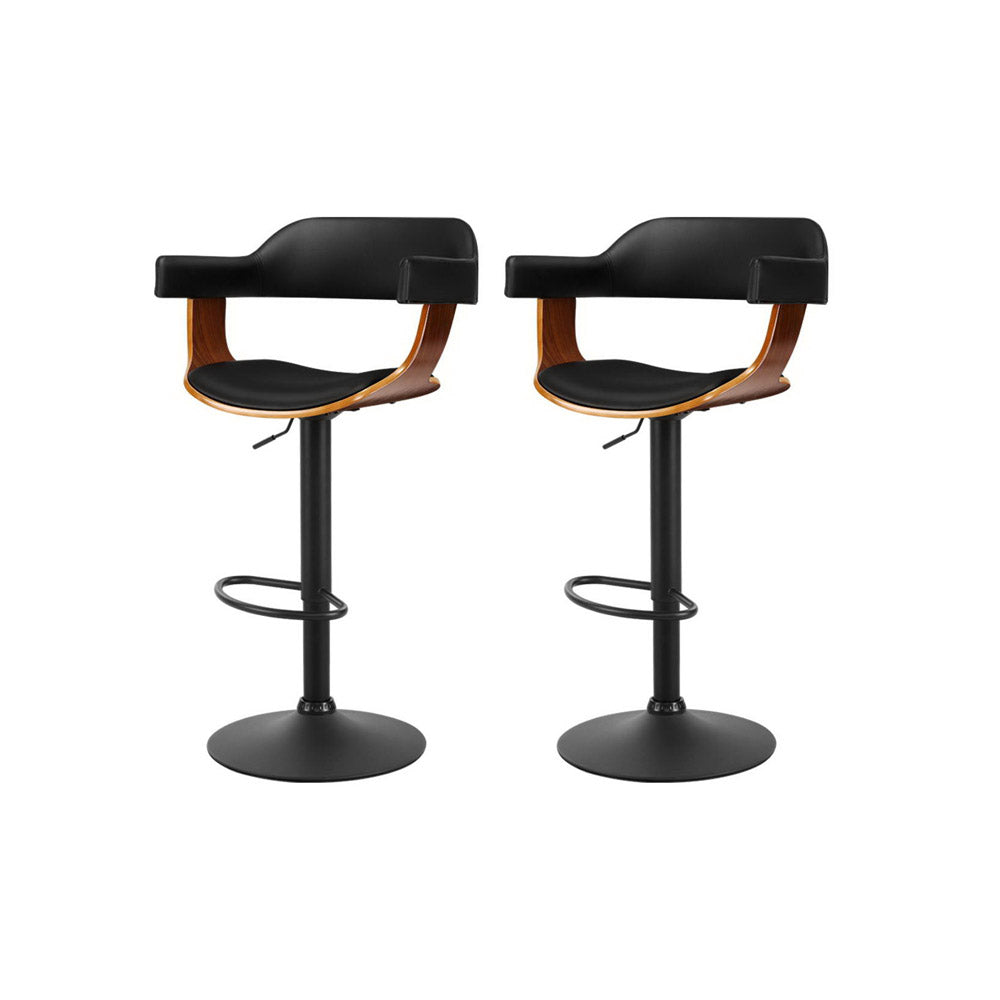 Artiss 2x Bar Stools Gas Lift Leather w/Armrest All Black 7