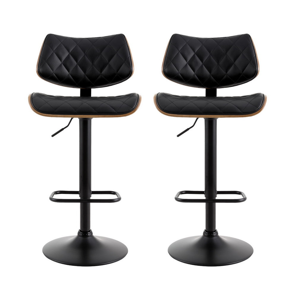Artiss 2x Bar Stools Kitchen Dining Chairs Gas Lift Stool Wooden Leather Black 3