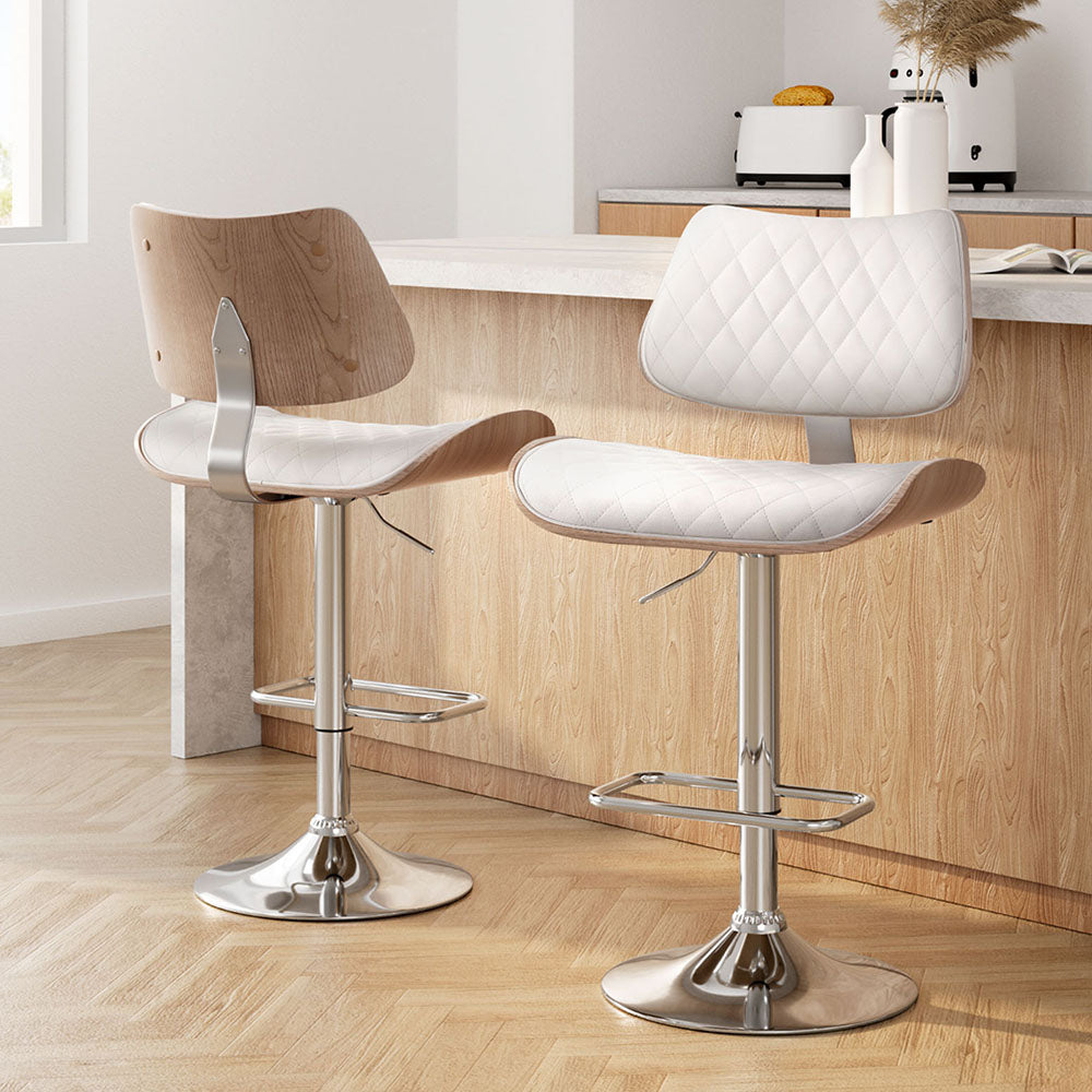 Artiss 2x Bar Stools Kitchen Dining Chairs Gas Lift Stool Wooden Leather White 7