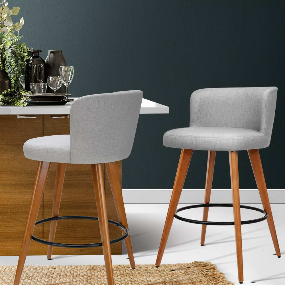 Artiss 2x Bar Stools Linen Padded Wooden Grey 7