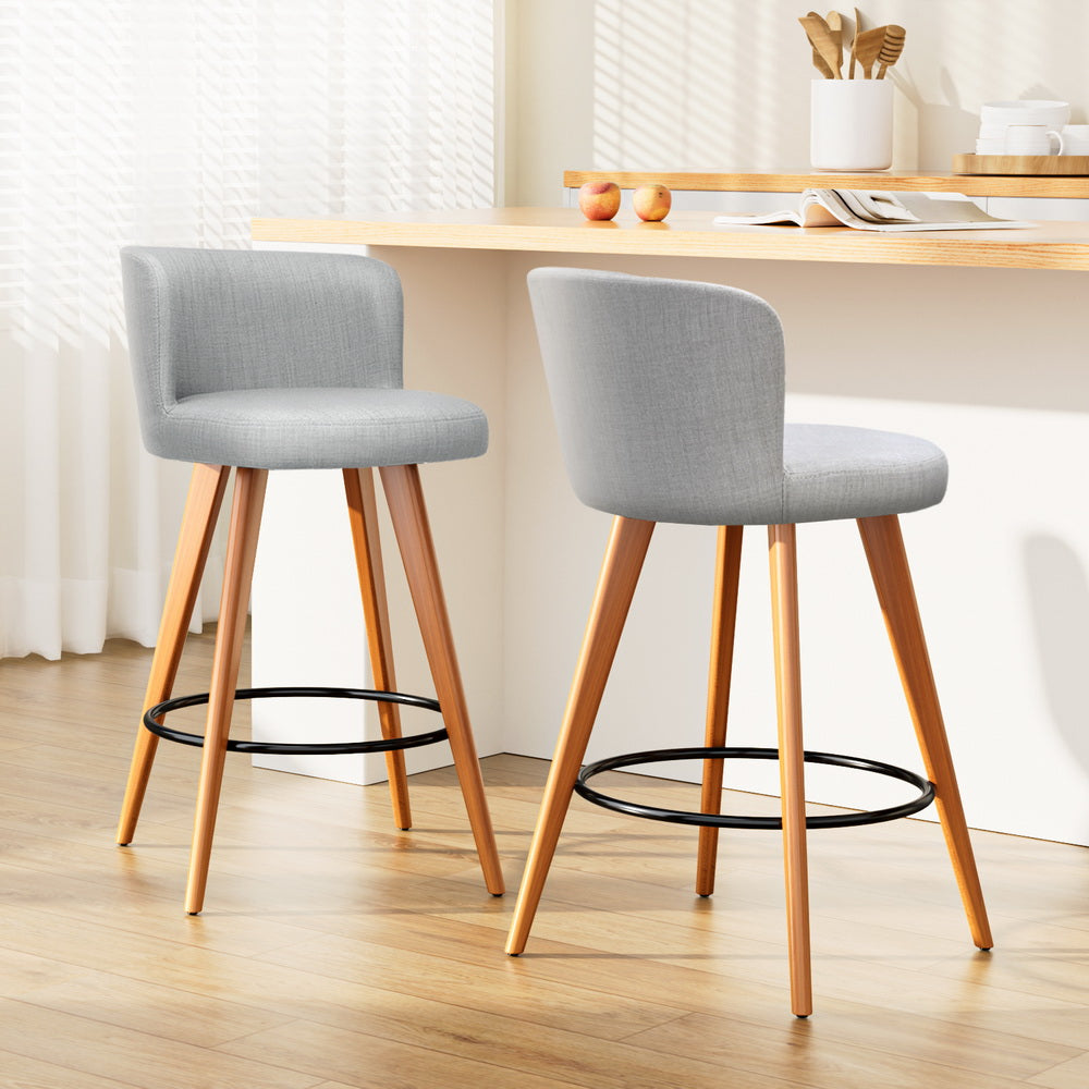 Artiss 2x Bar Stools Linen Padded Wooden Grey 8
