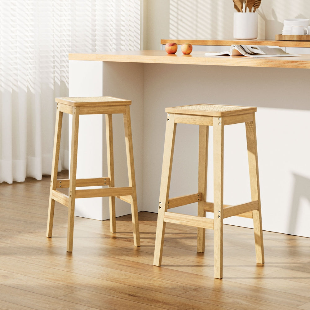 Artiss 2x Bar Stools Rubber Wood Stool Counter Chair Rattan Barstools Kitchen 7
