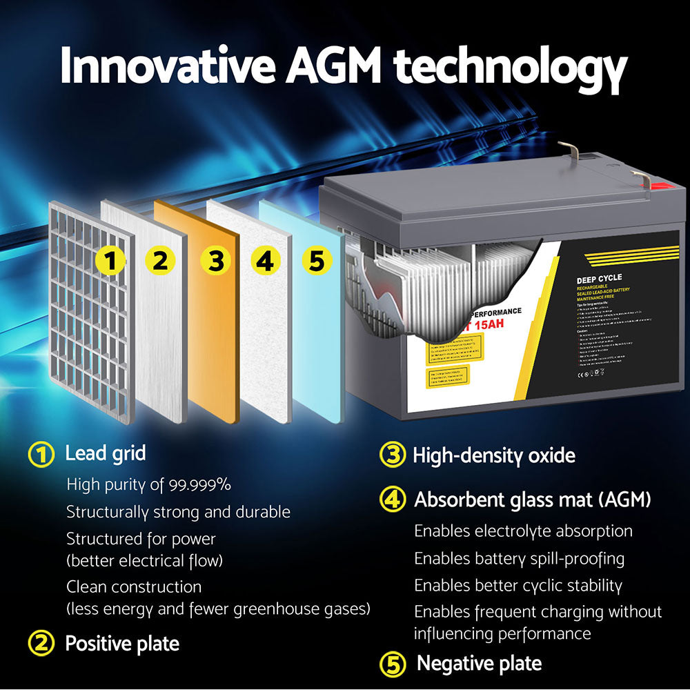 Giantz AGM Battery 12V 15Ah Deep Cycle Box Portable Solar Caravan Camping 5