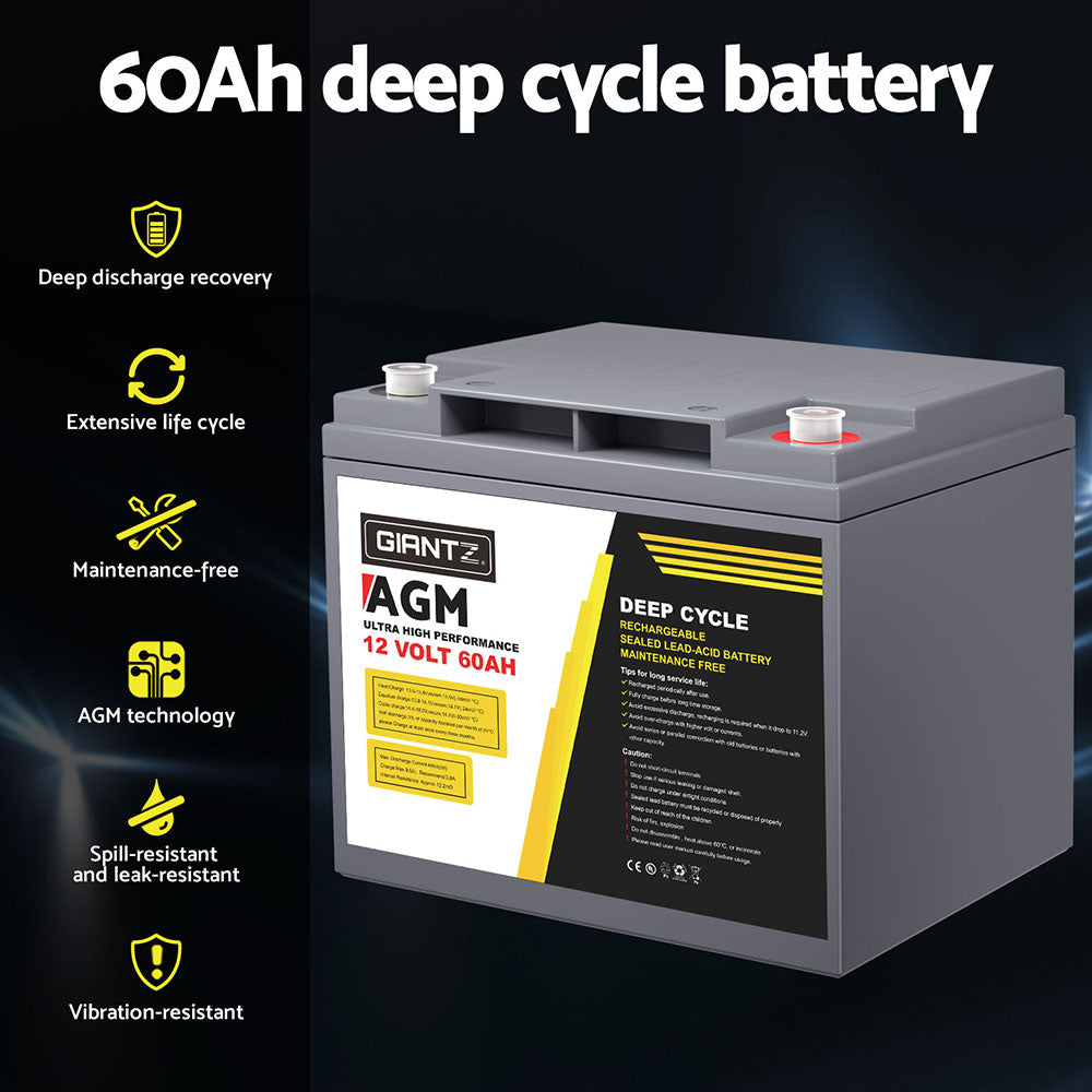 Giantz AGM Battery 12V 60Ah Deep Cycle Box Portable Solar Caravan Camping 4