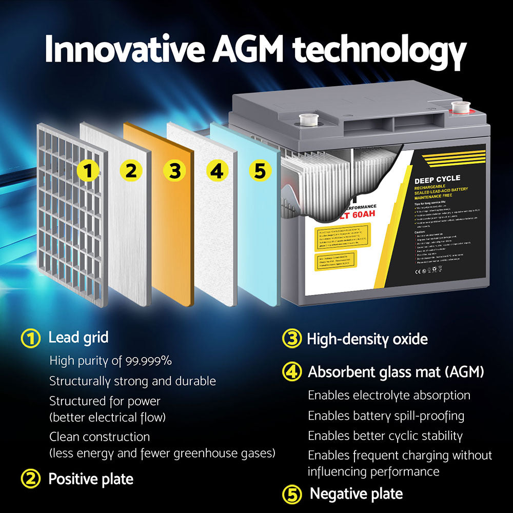 Giantz AGM Battery 12V 60Ah Deep Cycle Box Portable Solar Caravan Camping 5