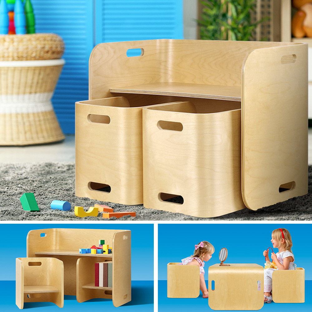 Keezi 3PCS Kids Table and Chairs Set Multifunctional Storage Desk 7