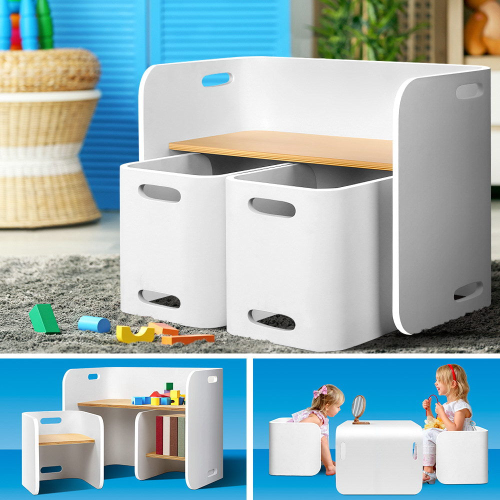 Keezi 3PCS Kids Table and Chairs Set Multifunctional Storage Desk White 7