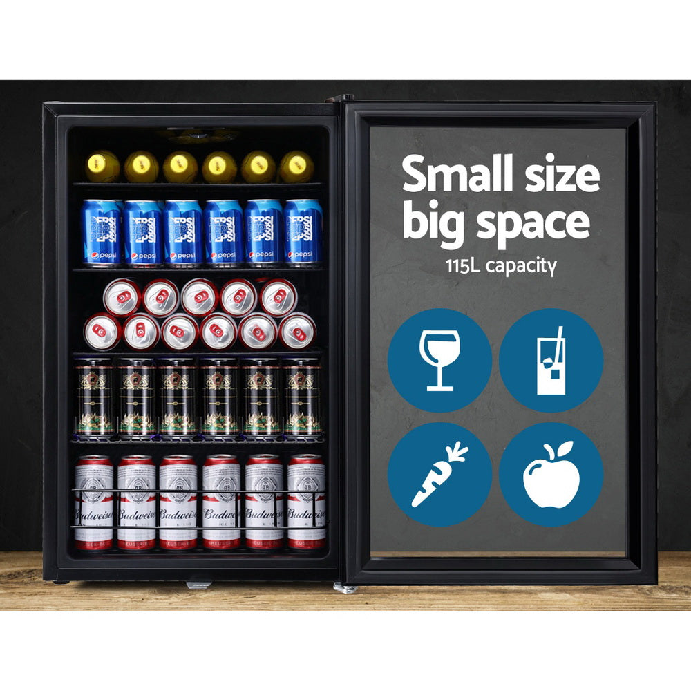Devanti 115L Bar Fridge Glass Door w/Light Black 4