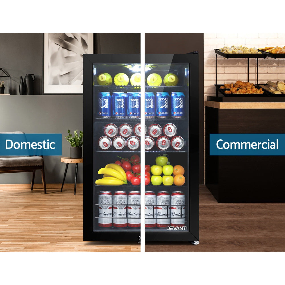 Devanti 115L Bar Fridge Glass Door w/Light Black 6