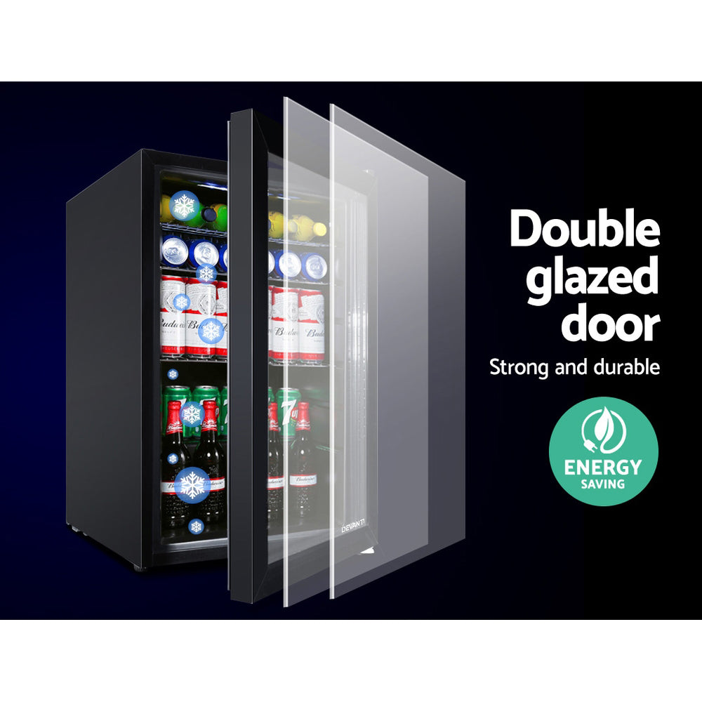 Devanti 70L Bar Fridge Glass Door w/Light Black 3