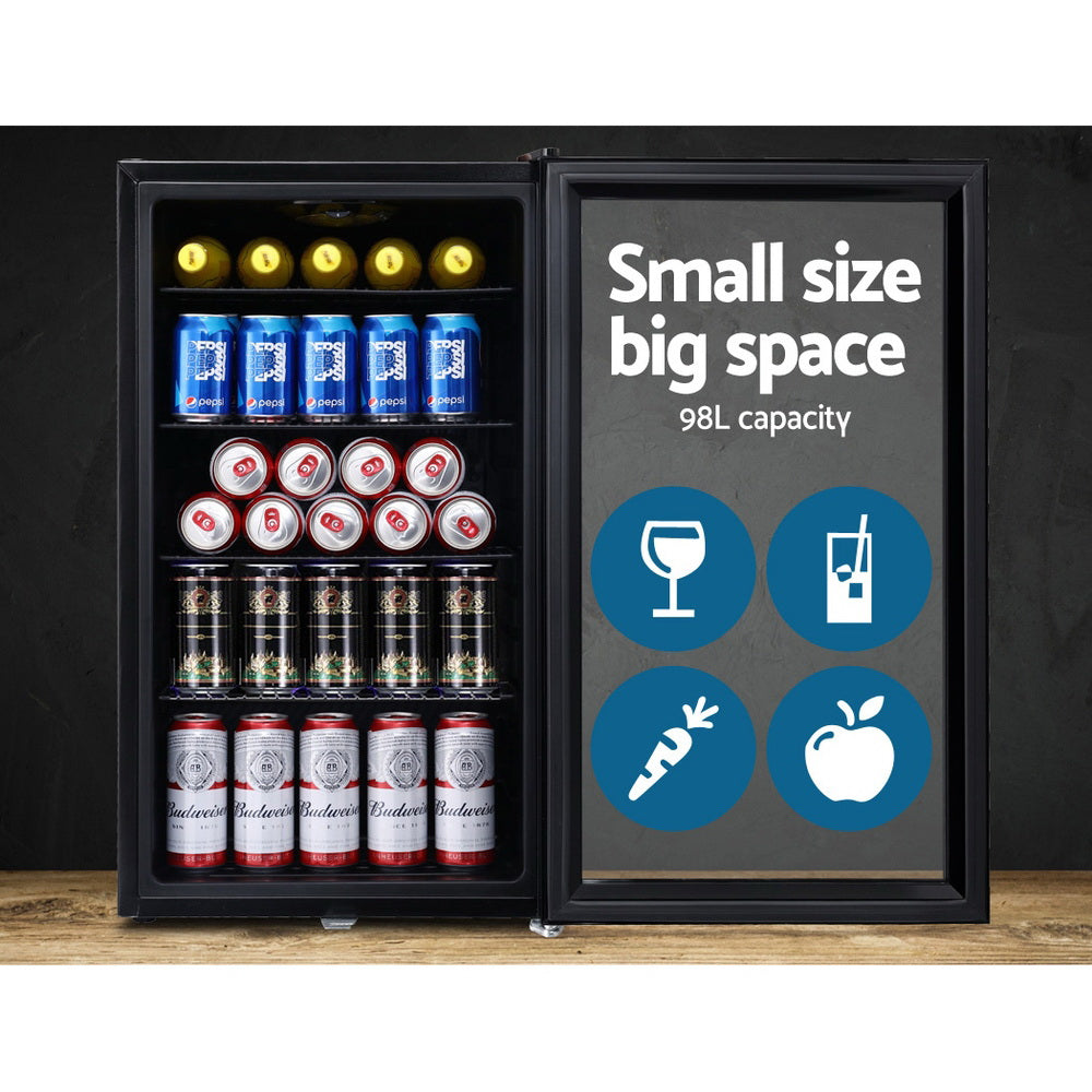 Devanti 98L Bar Fridge Glass Door Mini Fridges Freezer Black 3