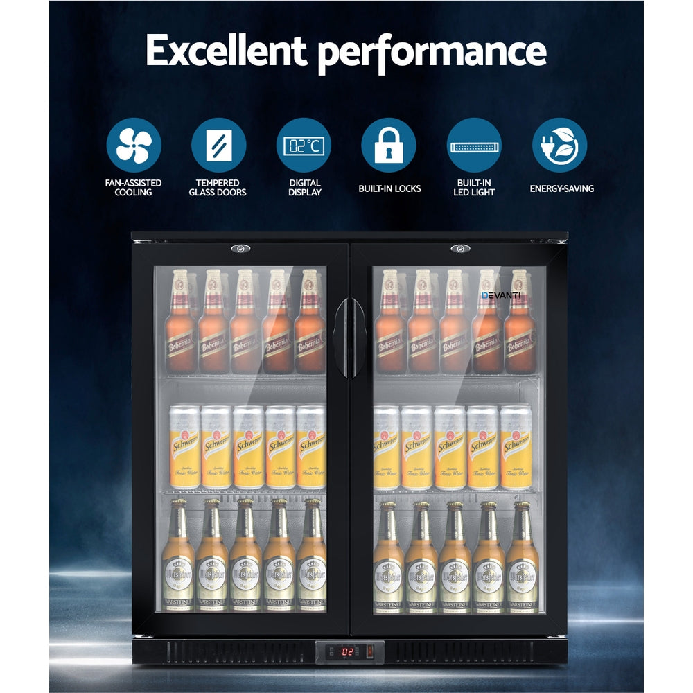Devanti 198L Bar Fridge Dual Glass Door w/Light Black 3