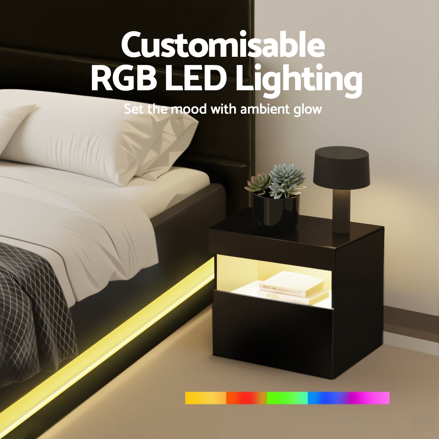 Artiss RGB LED Double Bed Frame with Beside Table Set 16 Colour Mood Lighting 6
