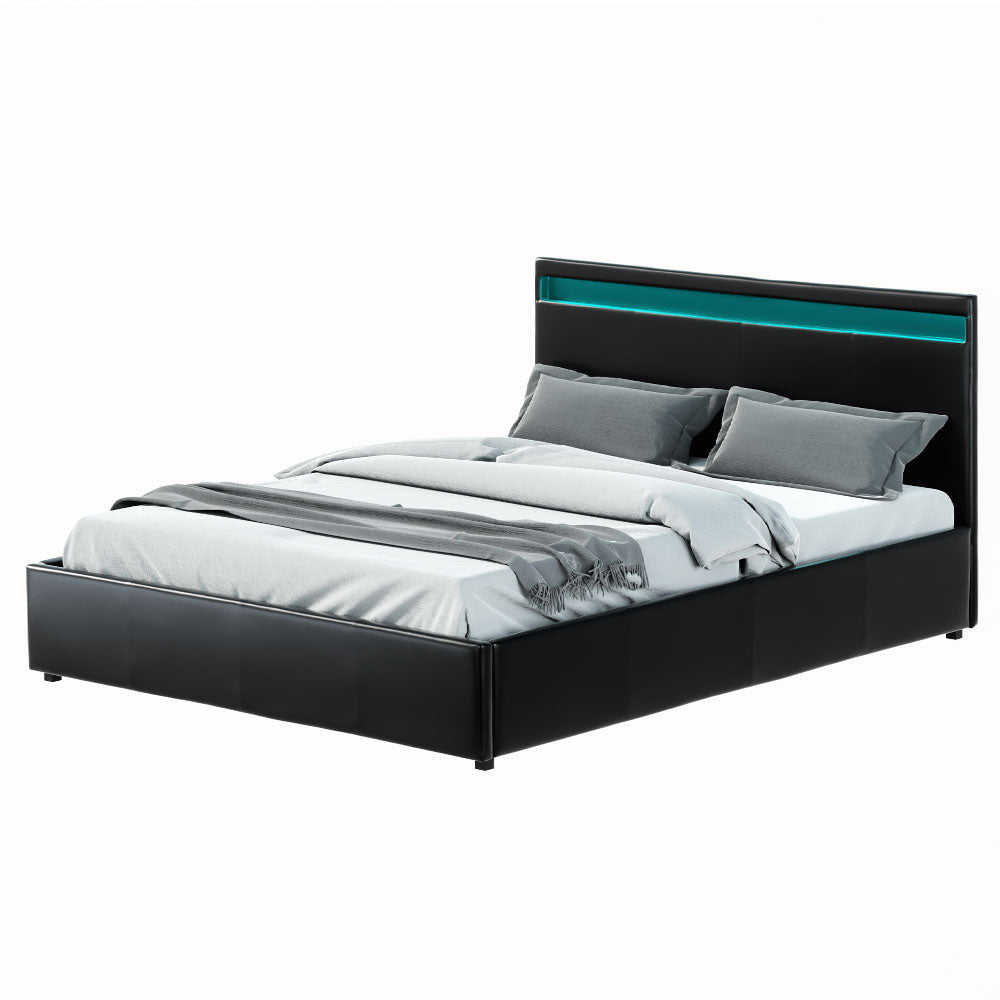 Artiss Bed Frame Queen Size LED Gas Lift Black COLE 7