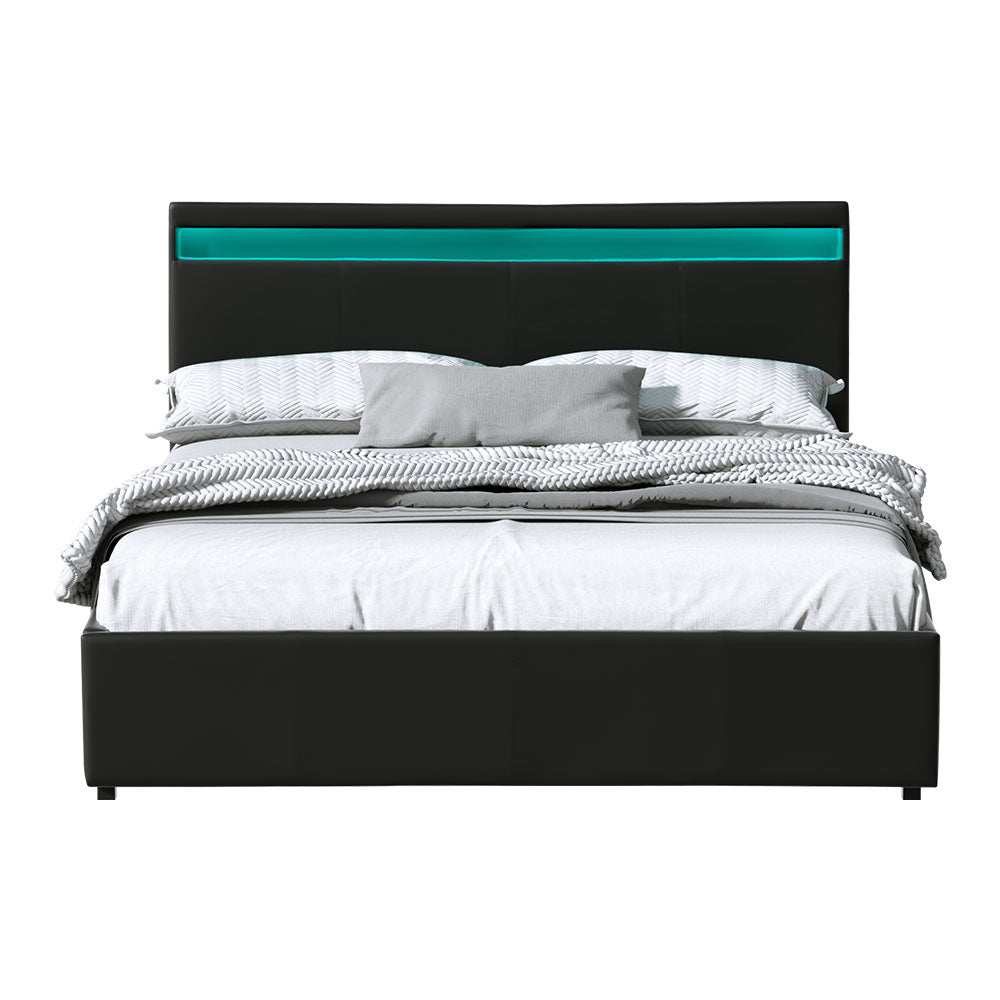 Artiss Bed Frame Queen Size LED Gas Lift Black COLE 3