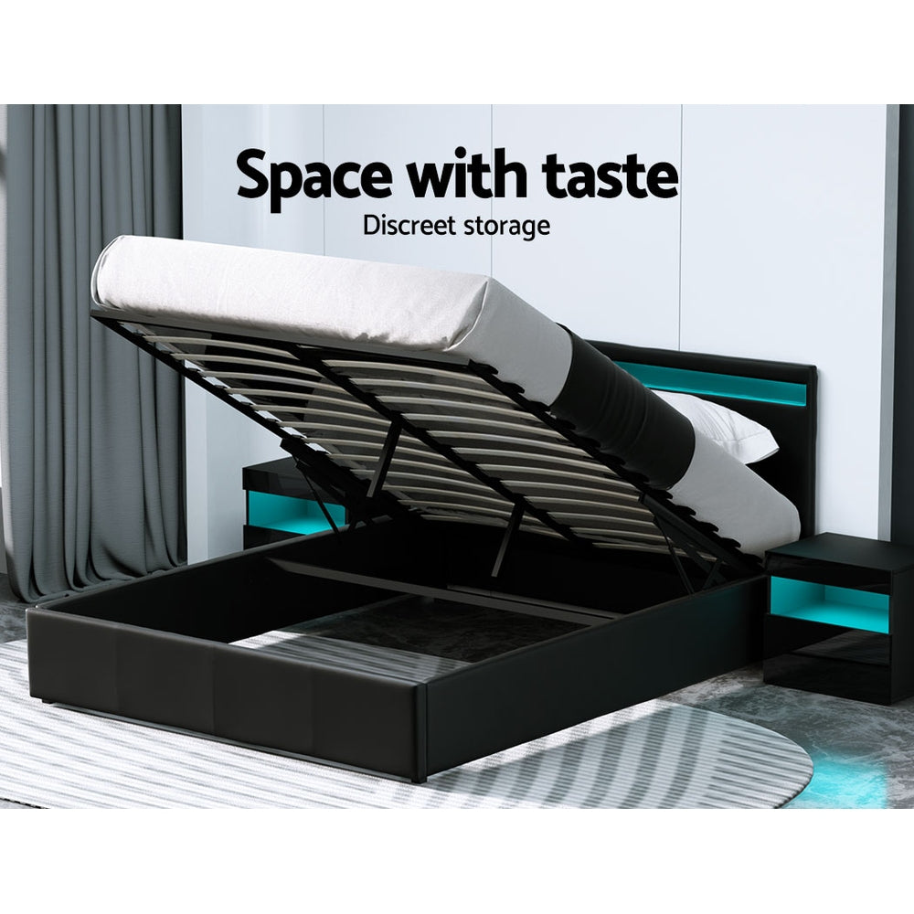 Artiss Bed Frame Queen Size LED Gas Lift Black COLE 5