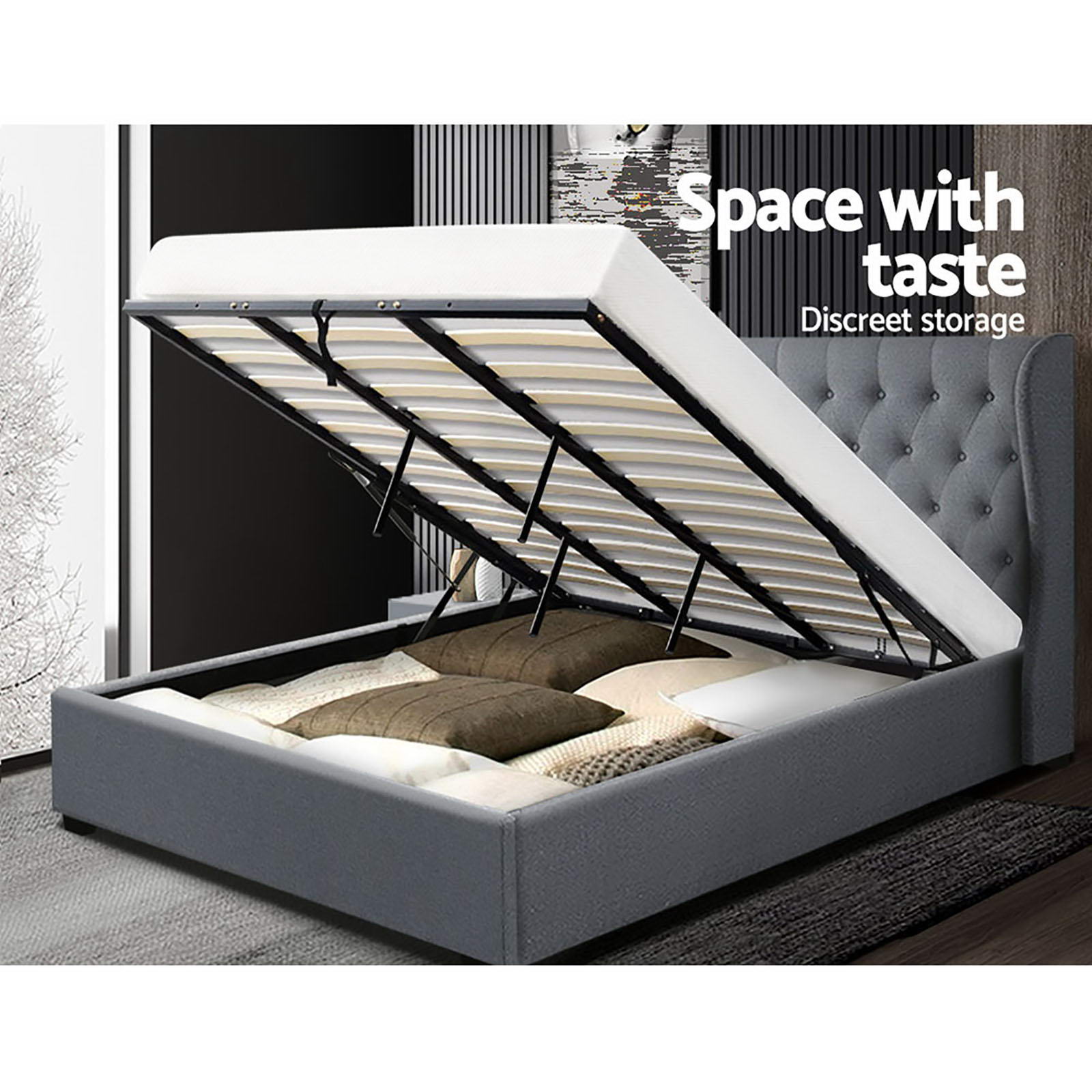 Artiss Bed Frame King Size Gas Lift Grey ISSA 7