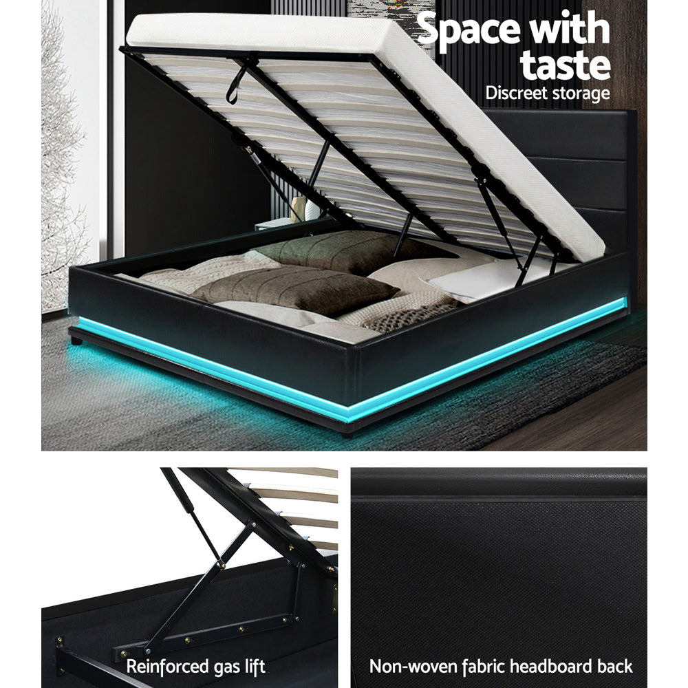Artiss Bed Frame Double Size LED Gas Lift Black LUMI 6