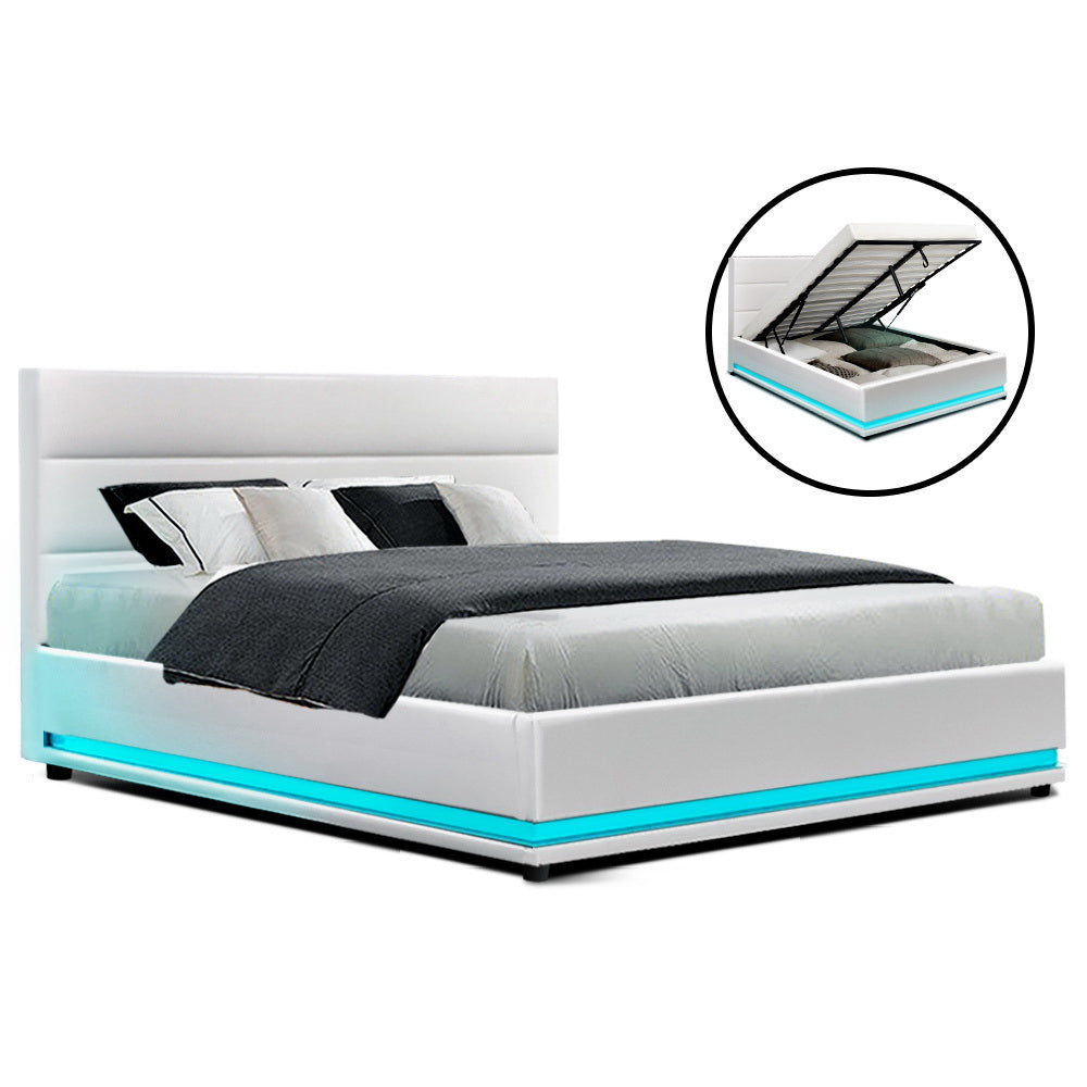 Artiss Bed Frame Double Size LED Gas Lift White LUMI 7