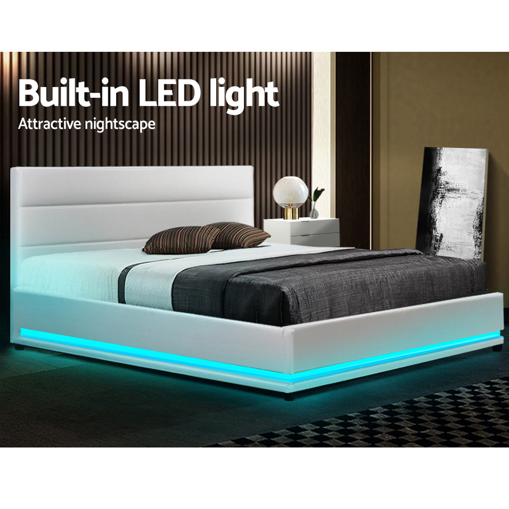 Artiss Bed Frame Double Size LED Gas Lift White LUMI 4