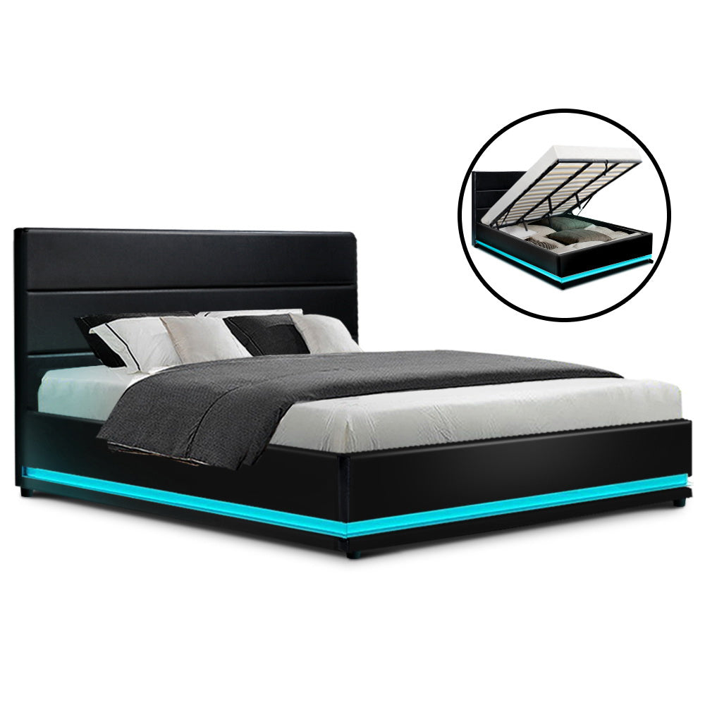 Artiss Bed Frame King Size LED Gas Lift Black LUMI 8