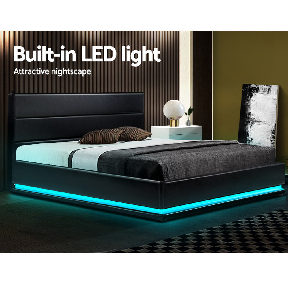 Artiss Bed Frame King Size LED Gas Lift Black LUMI 4