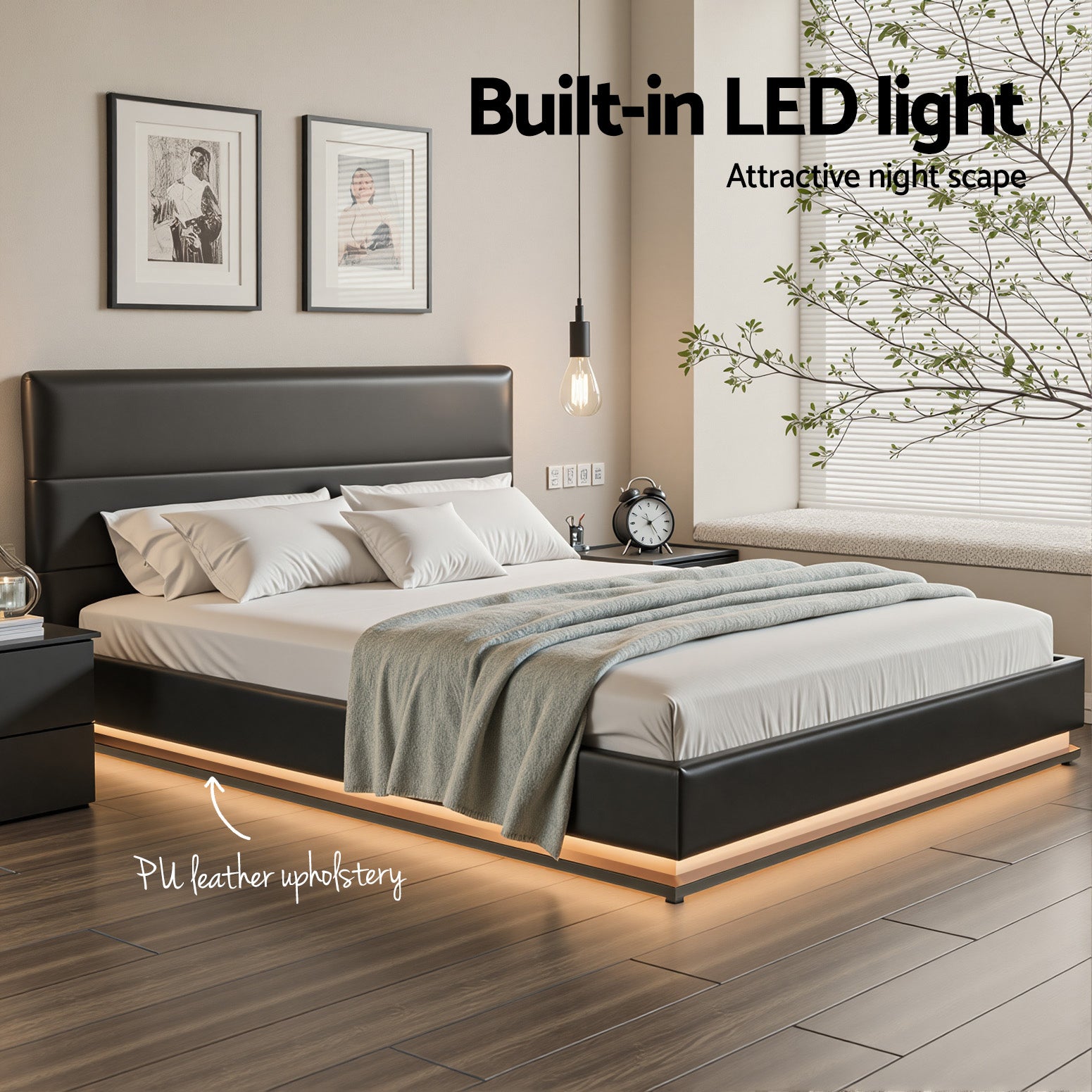 Artiss Bed Frame Queen Size LED Gas Lift Black LUMI 5
