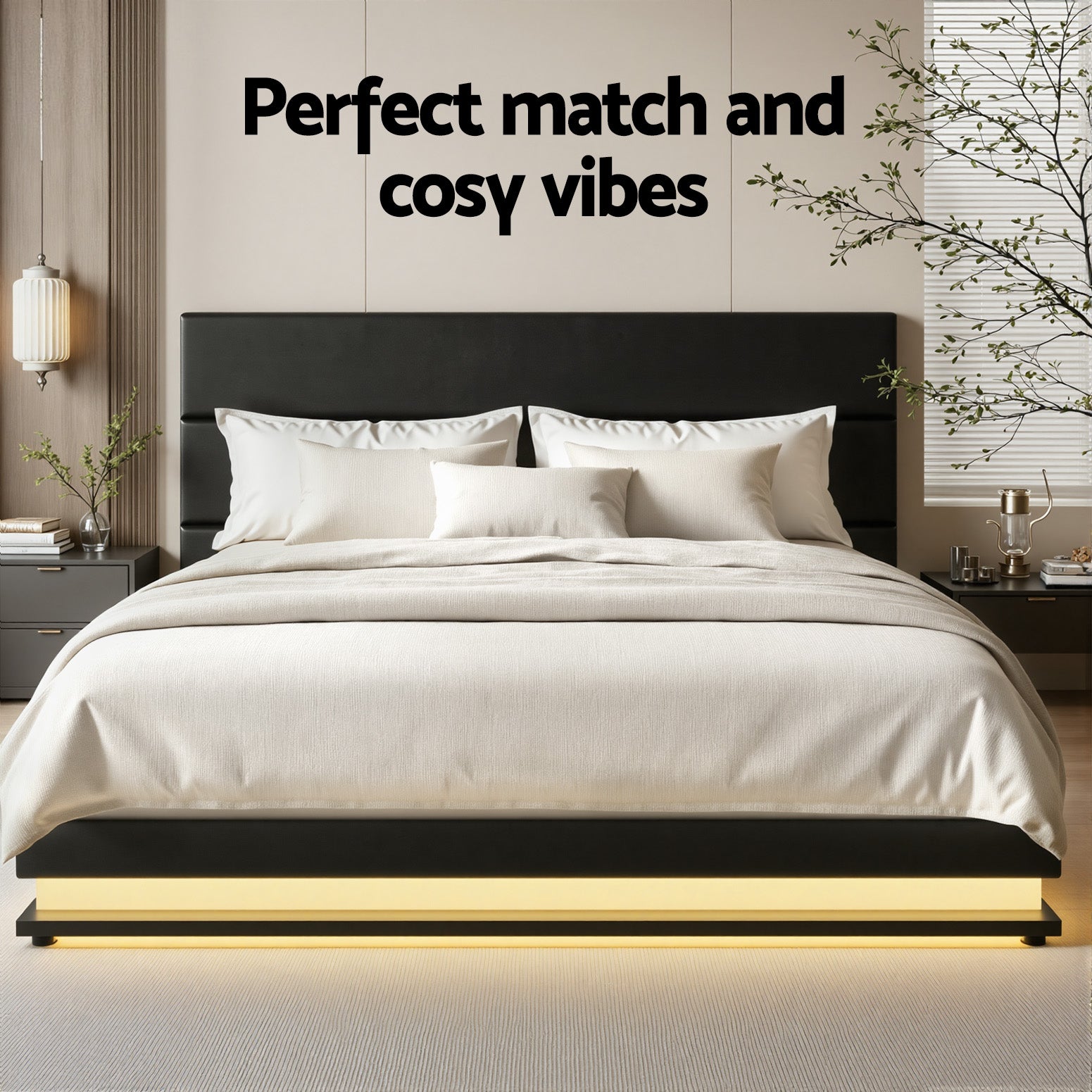 Artiss Bed Frame Queen Size LED Gas Lift Black LUMI 6